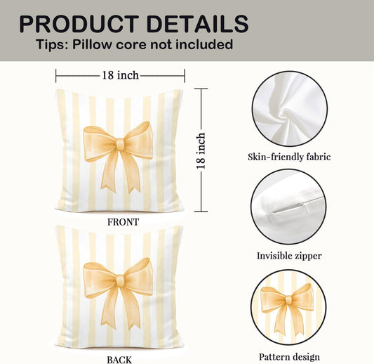 Yellow Bow Decorative Throw Pillow 18x18 Inch โ Cute Blush Pink Striped Pillow Cover for Girls Room, Baby Nursery, Sofa or Bedroom Decor