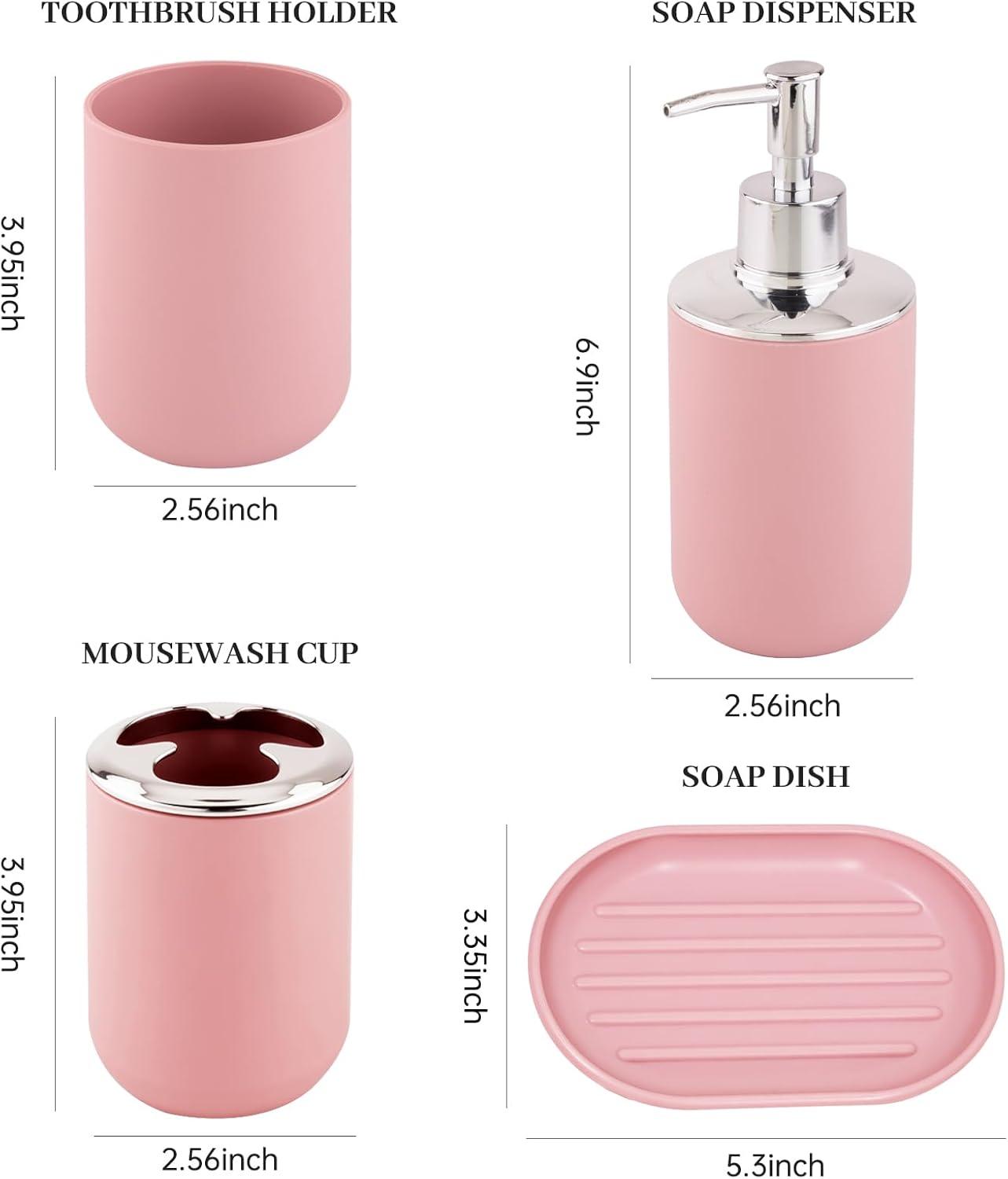 Bathroom Accessory Set, 4 Pcs Plastic Bathroom Set Include Soap Dispenser, Soap Dish, Toothbrush Holder, Mousewash Cup, Modern Bahtroom Décor Set, Space Save for Bathroom(Light Pink)