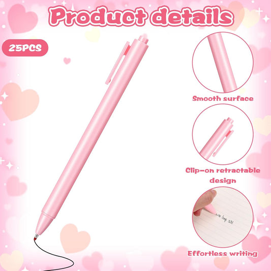 25 Pcs Pink Ballpoint Pens Bulk Retractable Aesthetic Writing Pens with Black Ink (1 mm Fine Point), Smooth & Comfortable for Back to School, Office, Teacher Classroom Rewards, Bridal Gifts for Women