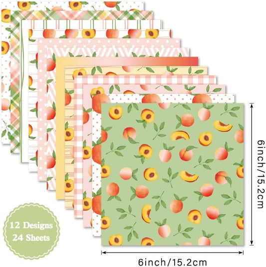 24 Sheets 6'' x 6'' Fruit Pattern Scrapbook Paper One Sided Cardstock for DIY Photo Album Card Making Decorative Paper (peach)