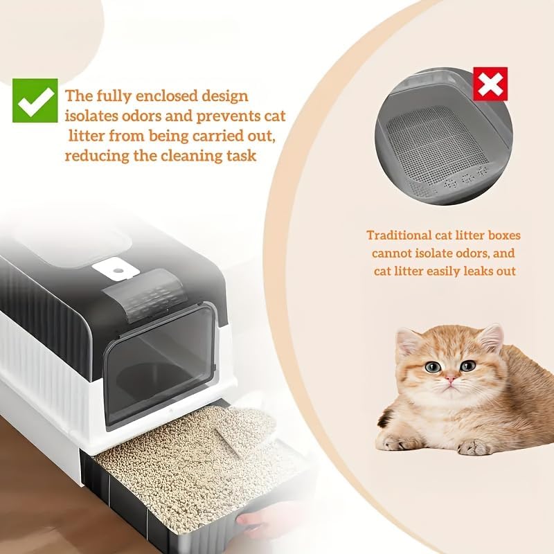 Foldable Enclosed Cat Litter Box with Drawer and Lid - Top Entry Splash-Proof Cat Toilet, Odor-Proof and Leak-Proof and Spaceful, Lightweight and Portable Pet Toilet with Scoop (Pink)