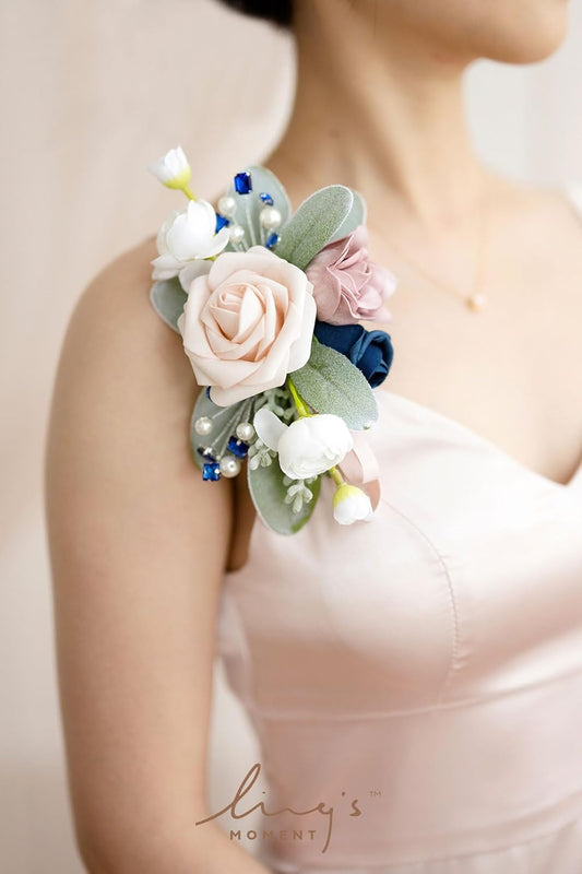 Ling's moment 2pcs Wedding Shoulder Corsage Artificial Flowers, Girl/Mother Homecoming/Prom Corsages Wristlet Décor, etc. Navy Blue Pink Ranunculus