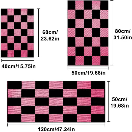Pink Kitchen Rug 3 Piece Set,Pink Black Checkerboard Pattern Vintage Home Decor,Pineapple Texture Design Washable Non-Slip Floor Mat,Foldable Durable Kitchen Runner Rugs 16"x24"+20"×32 +20"×47"
