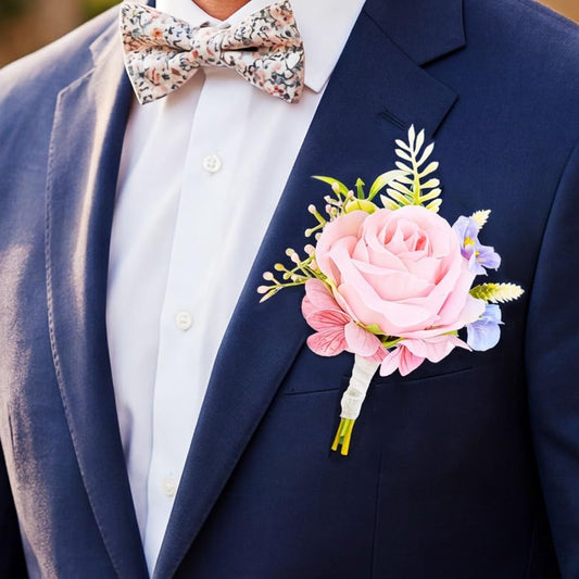 Wedding Flower Boutonniere Red Groom Rose Buttonholes Men's Boutineer Party Suit Decoration Prom Anniversary Accessories for Groomsmans and Man (Pink)