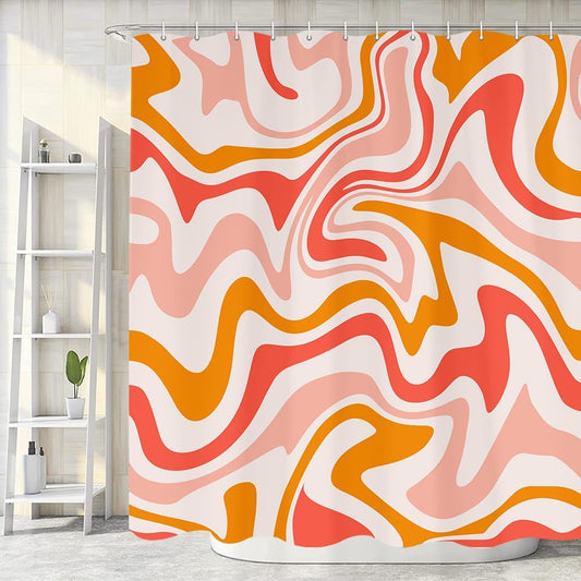 Cute Orange Shower Curtain, Boho Beige Pink Bath Curtain, Groovy Retro Spiral Swirl Pastel Vintage 70s 80s Minimal Teen Girls Aesthetic Abstract Wavy Bathroom Accessories with Hooks,72X72in