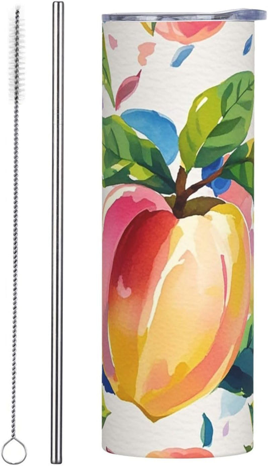 Colorful Peach Watercolor 20oz Tumbler Stainless Steel Insulated Travel Tumblers Leakproof Travel Coffee Mug With Lid And Straw Water Bottle Drink Tumbler Cups Gifts For Women Men Lovers