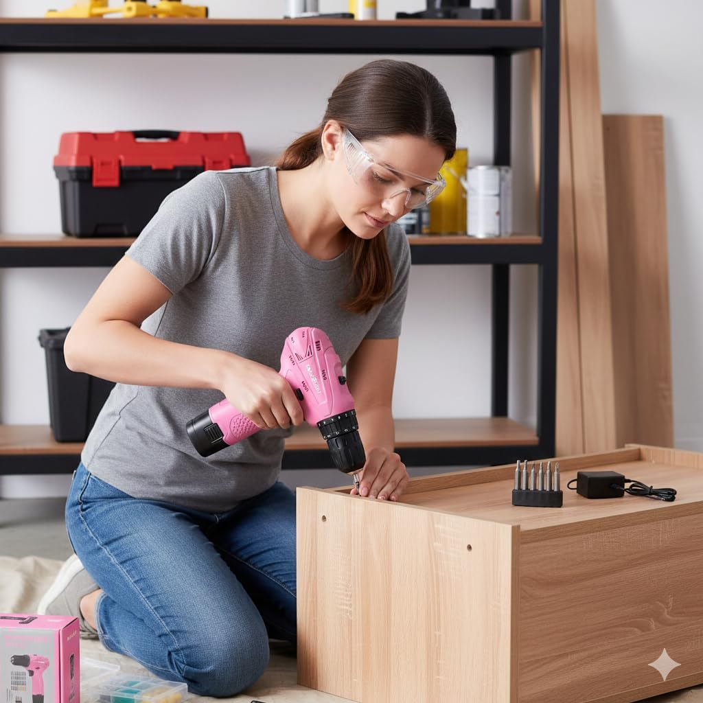 Cordless Drill Set, 12V Power Drill Driver with 2 Battery and Charger, Pink Electric Drill Power Tool for Women DIY Gifts
