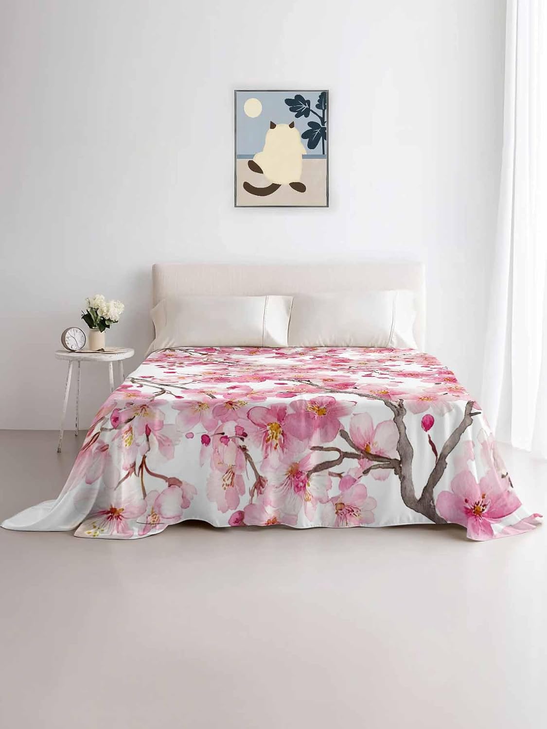 Full Size Flat Sheet Only, Spring Peach Flowers Soft Brushed Microfiber Bed Sheets, Pink Botanical Floral Leaves Branch Hotel Quality Breathable Bedding Top Sheet, Easy Care, 81"x96"