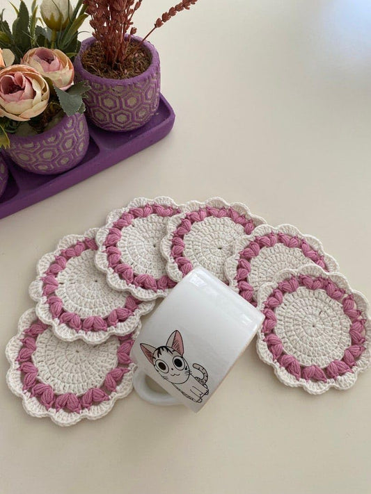 Handmade Crochet Doily Coasters Set of 6 – Pink & White Decent Color Cotton Yarn Wooven Heat Resistance Small Round Coasters for Tea, Coffee, Home & Table Décor