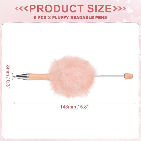 PATIKIL 5Pcs Fluffy Beadable Pens, Plush Fuzzy Plastic Bead Pen Bead Ballpoint for DIY Gift Writing Office Supplies, Light Pink
