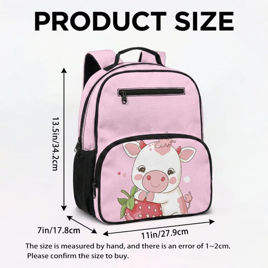 COEQINE Personalized Backpack with Lunch Box Kids Girls Cow Pink Strawberry Cute Bag for School Preschool Elementary Front Zip Pocket Holder Snacks Lightweight Bookbag Diaper Bag,13In