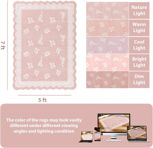 ORTIGIA 5x7 Scalloped Area Rug for Living Room, Pink Washable Low Pile Non Slip Rug with Bow Large Carpet for Girl Nursery Bedroom Playroom Dining Room Home Indoor Decor