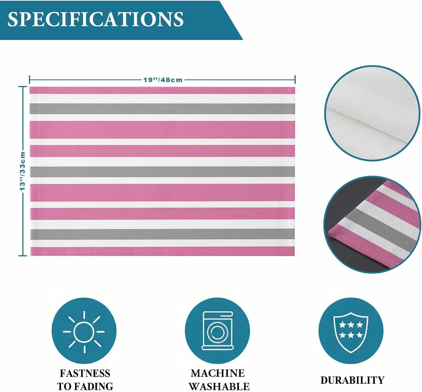 Pink Grey and White Stripes Placemat Set of 6 Non-Slip Placemats for Dining Table Farmhouse Stripe Washable Table Mats, Heat Resistant Kitchen Table Mats for Party, Dining Room & Home Decor
