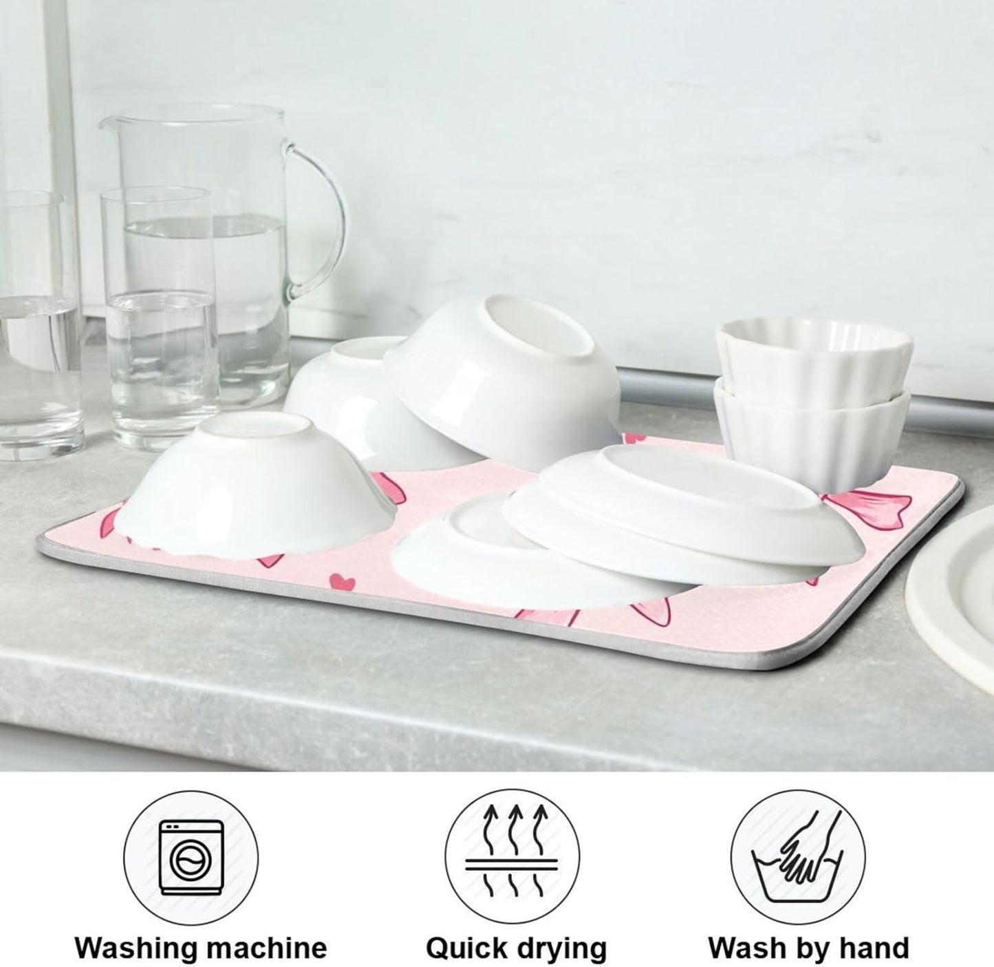 YETTASBIN Bow Pink Dish Drying Mat for Kitchen Counter, Super Absorbent Reversible Dish Drainer Rack Pad Coffee Bar Mat, 16 x 18 Inch