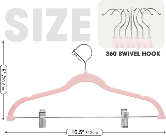 24-Pack Blush Pink Velvet Hangers with Clips Adjustable,Adult Hangers,Heavy-Duty,Felt,Non-Slip,Space Saving,Slim Outfit Hanger for Pants, Skirts, Suits,Coats, Dresses ect.