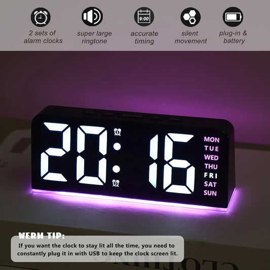 Digital Alarm Clocks, Rectangular LED Alarm Clock, Small Modern Table Clock with Night Lights, Four Adjustable Brightness Levels, Bedside Clock with Week Display for Bedroom Office Living Room (Pink)