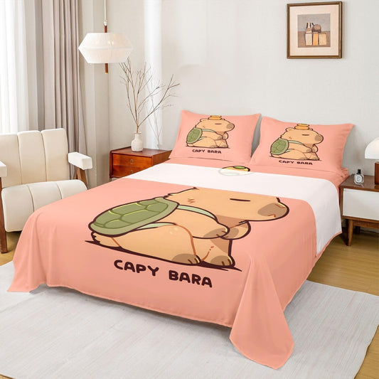 Manfei Cartoon Capybara Bed Sheet Turtle Shell Kawaii Bedding Sets (1 Fitted,1 Flat,2 Pillowcases) Lazy Cute Animal Luxury Deep Pocket Bed Sheets Kids Boys Girls Queen Peach Pink