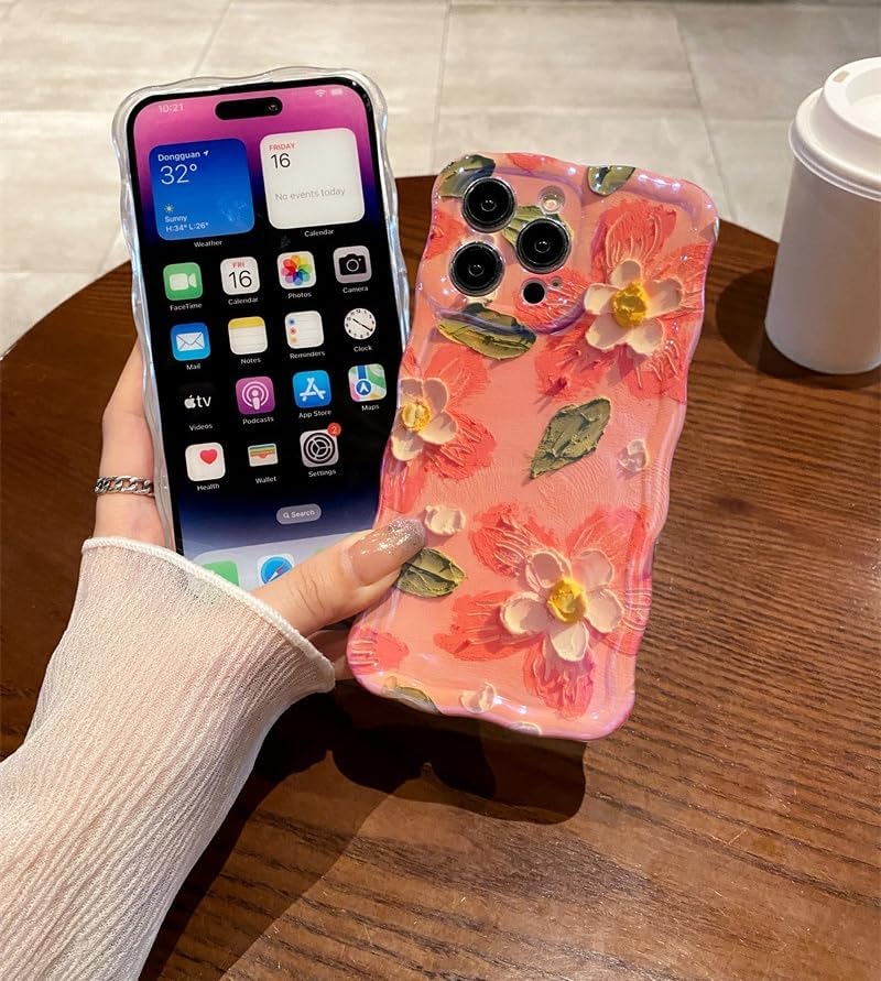 Case for iPhone 16, Colorful Retro Oil Painting Printed Flower Laser Glossy Pattern Cute Curly Wave Edge Exquisite Phone Cover Stylish Durable TPU Protective Case (Peach)