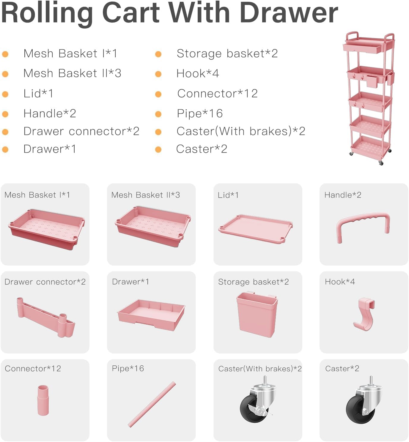 Sorgion 5 Tier Rolling Cart Organizer,Bathroom Cart Organizers with Wheels Laundry Room Organization Mobile Shelving Unit Utility Cart Storage Shelves Multi-Functional for Office, Home(Pink)