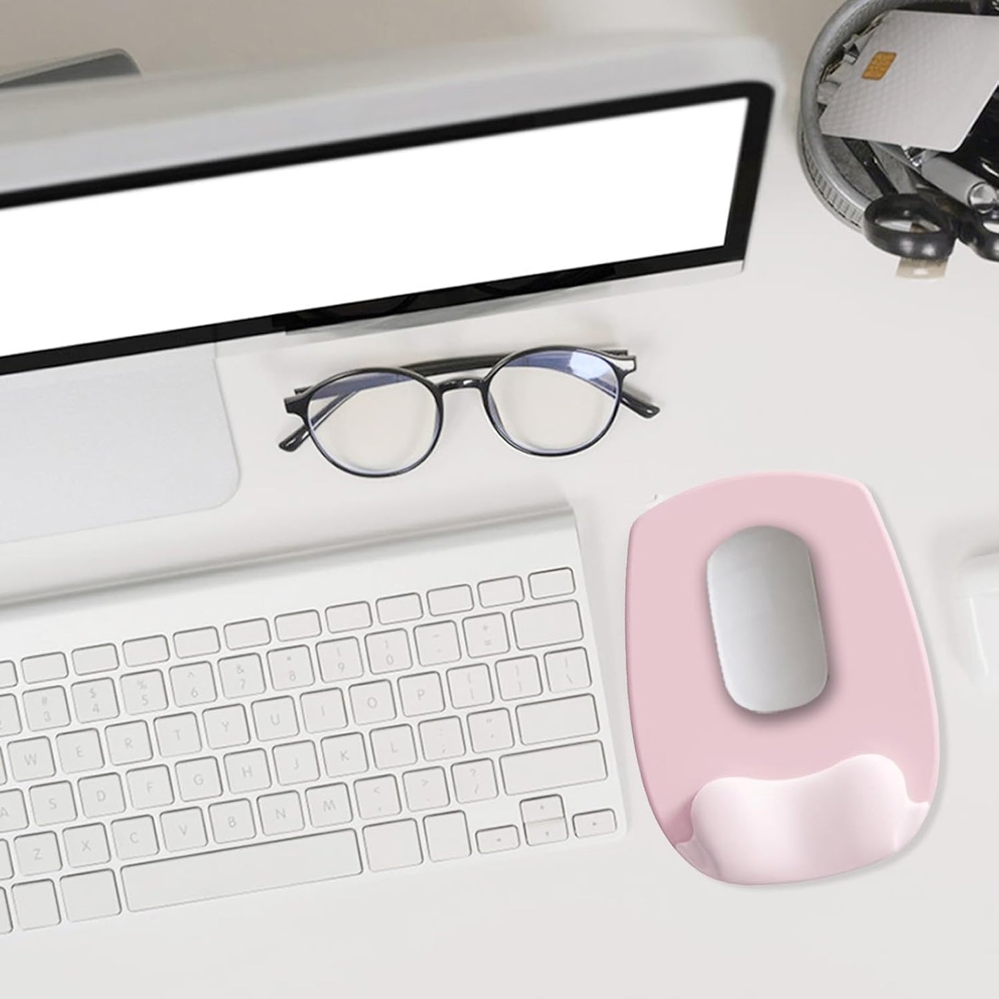 Ergonomic Mouse Pad with Wrist Rest, Gel Mousepad with Wrist Support, Premium Lycra Fabric, Non-Slip PU Base, Ideal for Laptop & Desktop, Home & Office & Gaming, Desk Accessories, Pastel Pink