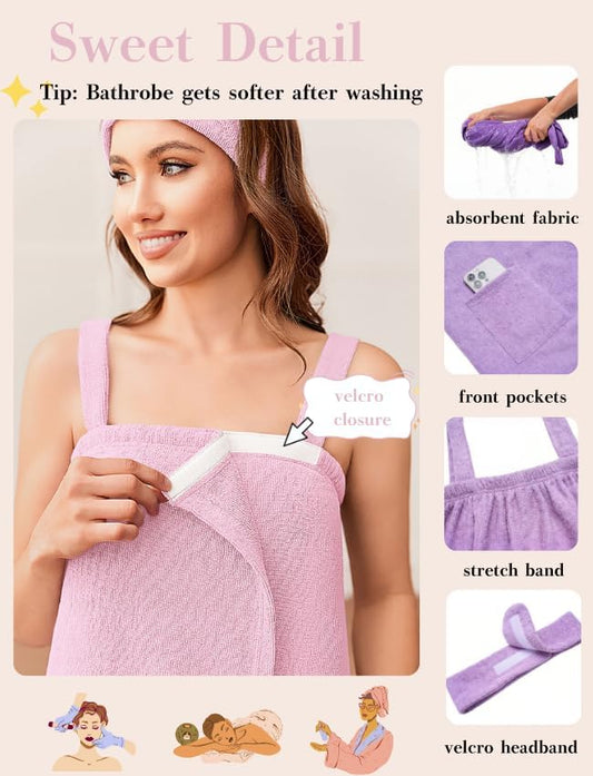 Ekouaer Towel Wrap for Women Spa Bath Robe Lightweight Terry Cloth Wrap Adjustable Shower Robe with Headband S-XL