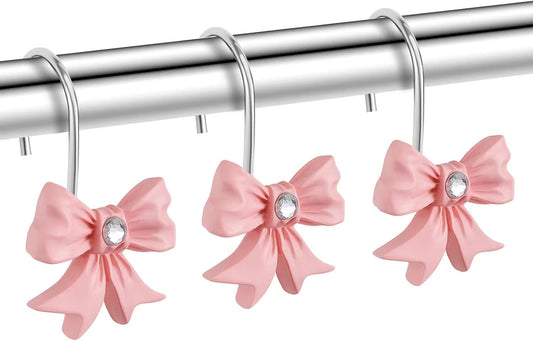 Decorative Shower Curtain Hooks, 12PCS Pink Bow Knot Shower Hooks for Bathroom Curtain Rings Rust Resistant Resin Curtain Hooks