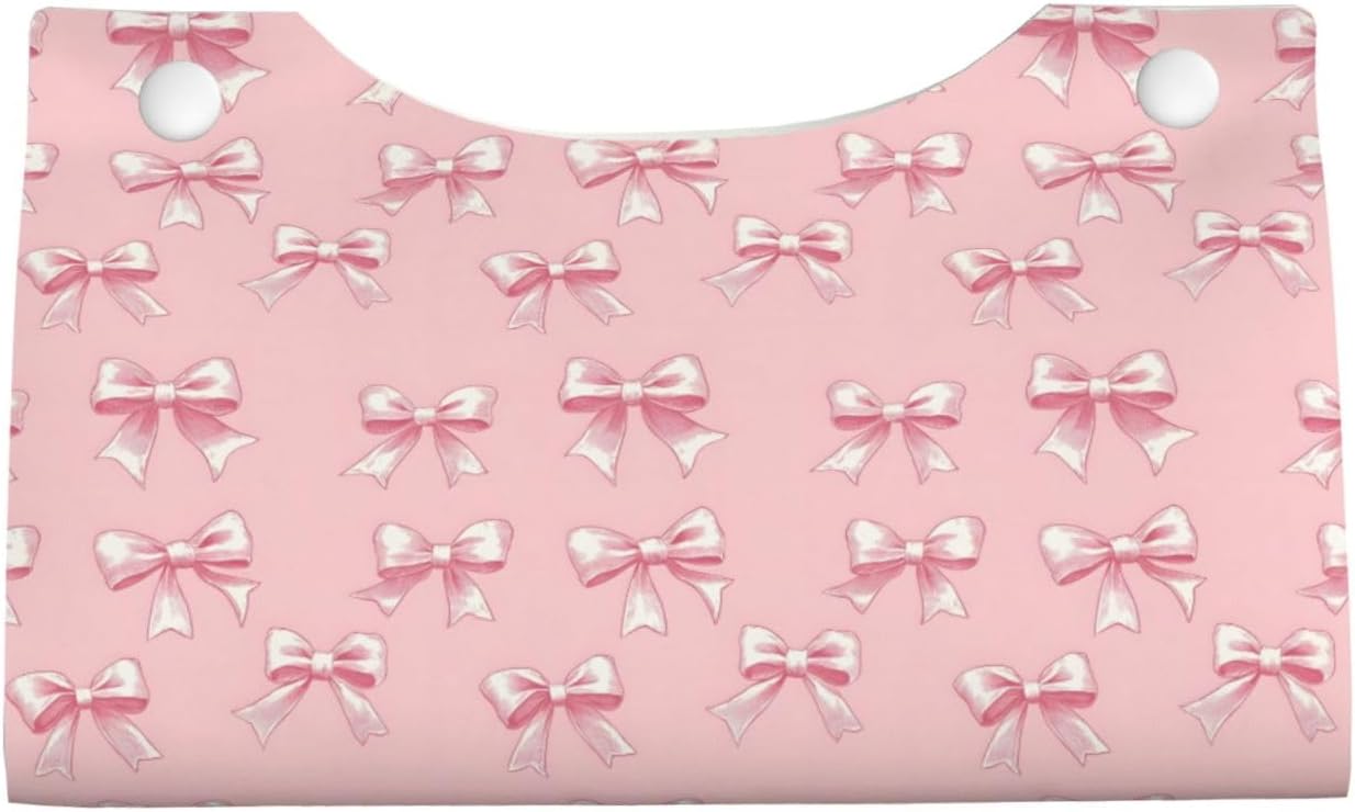Ribbon Bow Pink Print Long Leather Tissue Box Cover Holder, Foldable Modern Tissue Box Cover, Aesthetic Desk Accessories for Bathroom Tabletop Office Car Home Decor
