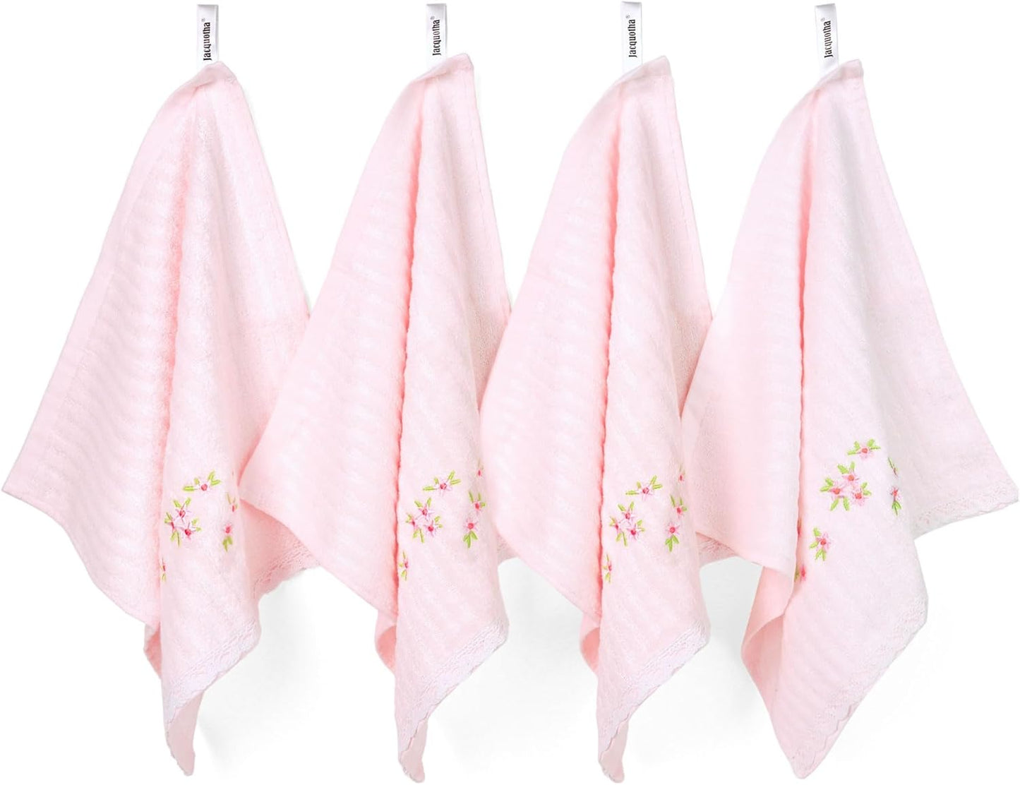 Jacquotha Pink Washcloths 4 Pack (Floral Embroidered), Soft Wash Cloths for Face, Body, Showering, Spa & Bathroom Decor, 13” x 13"
