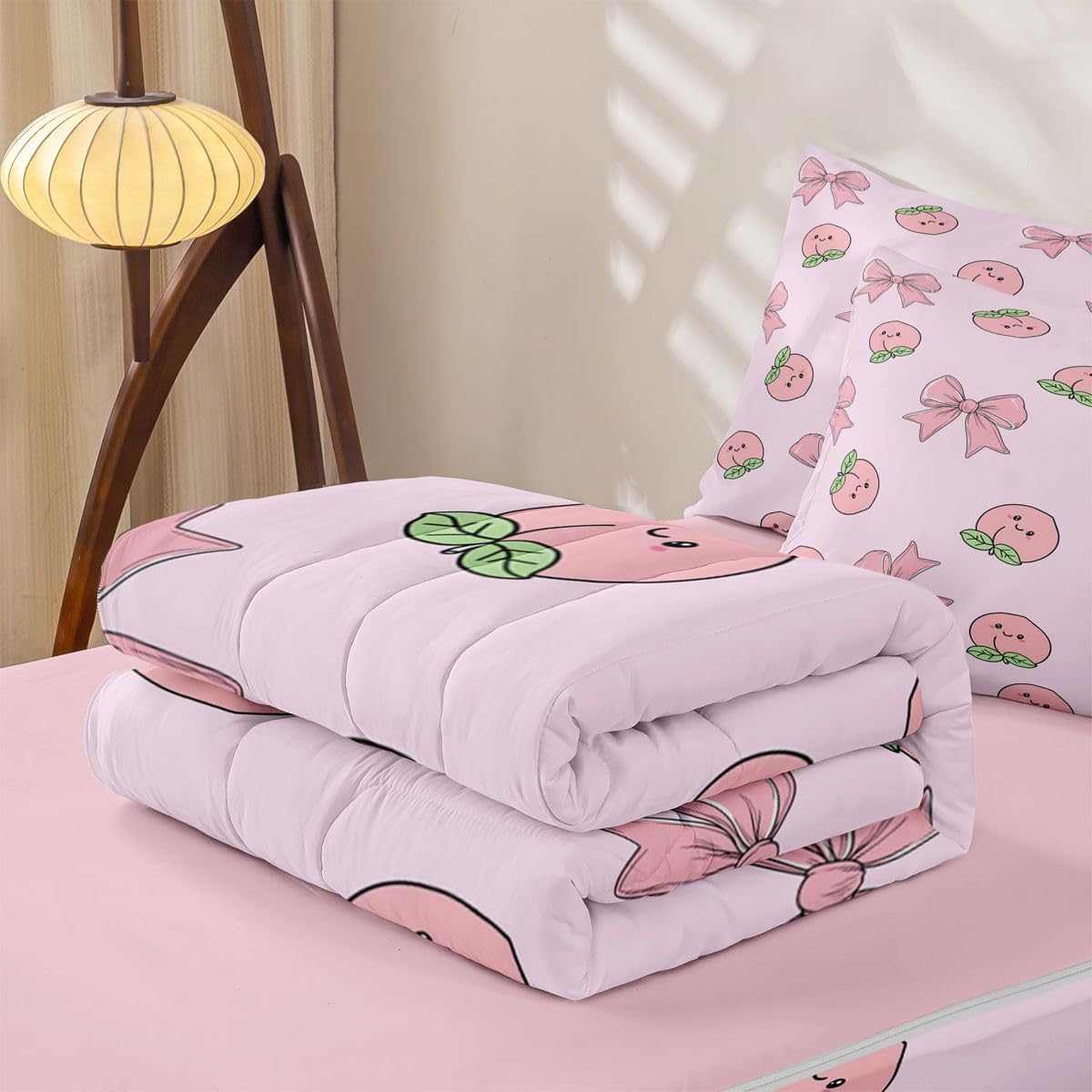 Erosebridal Bowknot Zipper Comforter Set Queen Peach Bedding Set Cute Cartoon Peaches Kawaii Pink Bow Bed in a Bag Fruit Princess Ribbon Bowtie Zippered Quilt Fitted Sheet,2 Pillowcases
