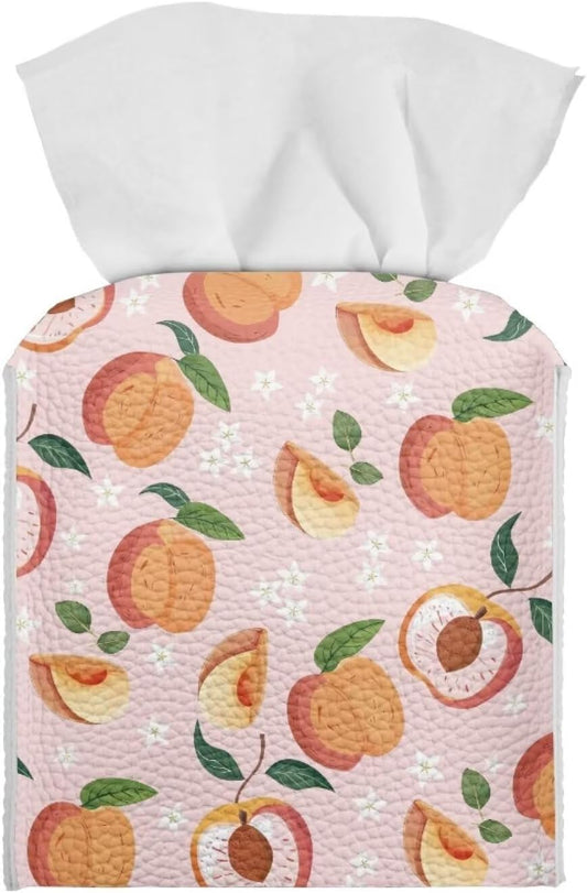 Pink Cute Peach Tissue Box Holder Modern Decorative PU Leather Square Tissue Box Cover for Home Office Tissue Cube Organizer for Dining Table Nightstand