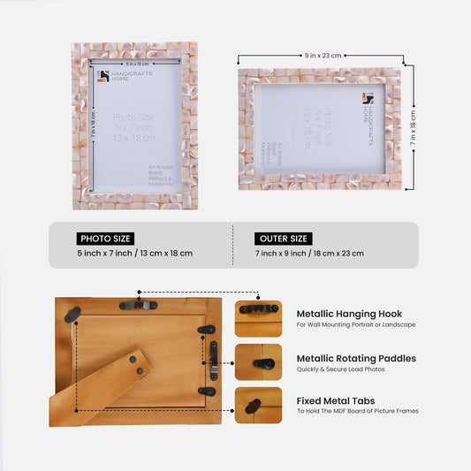 Handicrafts Home Mother of Pearl Picture Frame 5x7, Decorative Photo Frame for Tabletop or Wall, Handmade Shell Mosaic Frame, Modern Home Decor, Gift Picture Frame, Pink
