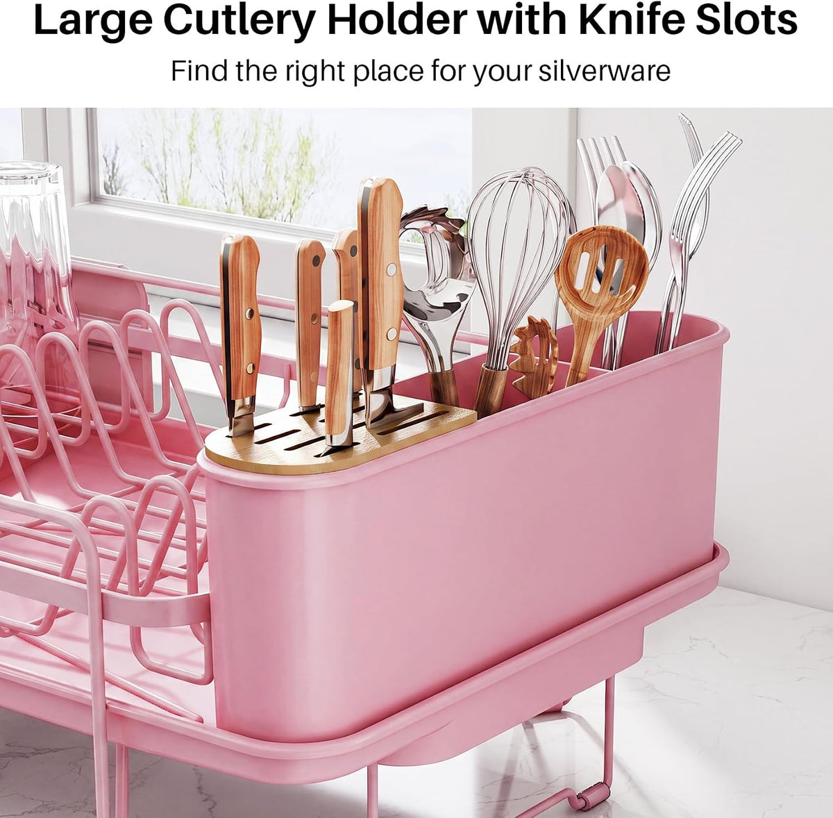 Large Dish Drying Rack for Kitchen Counter, Expandable, Pink