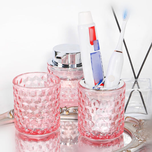 Bathroom Accessories Set, 3pcs Pink Glass Bathroom Accessory Set,Toothbrush Holder, Foaming Soap Dispenser and Tumbler, Silver Bathroom Decor Sets for Organizer, Home Apartment Gift