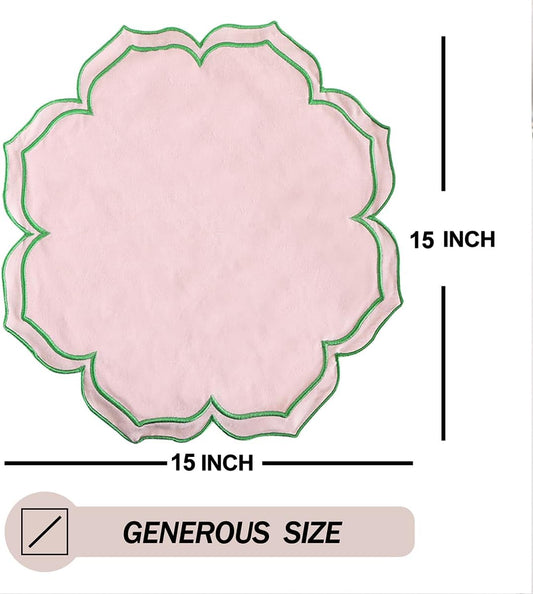 Flower-Shaped Placemats Set of 4, Double Embroidered Edge15-inch Scalloped Cotton Round Cloth Table Mats for Table Settings, Mother’s Day, Anniversaries, Weddings(Round Pink with Green Trim)