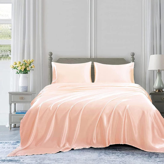 Satin Sheets Queen Size Sets, 4 Piece Peach Satin Bed Sheet Set with 15" Deep Pocket, Soft Satin Sheets Queen - Peach