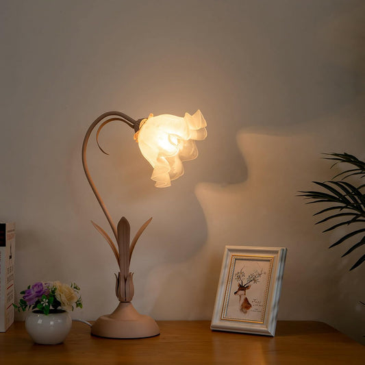 YIYIBYUS Table Lamp Pink Flower Desk Lamps Retro Unique Glass Flower Lampshade Bedside Lamp for Nightstand Living Room End Table