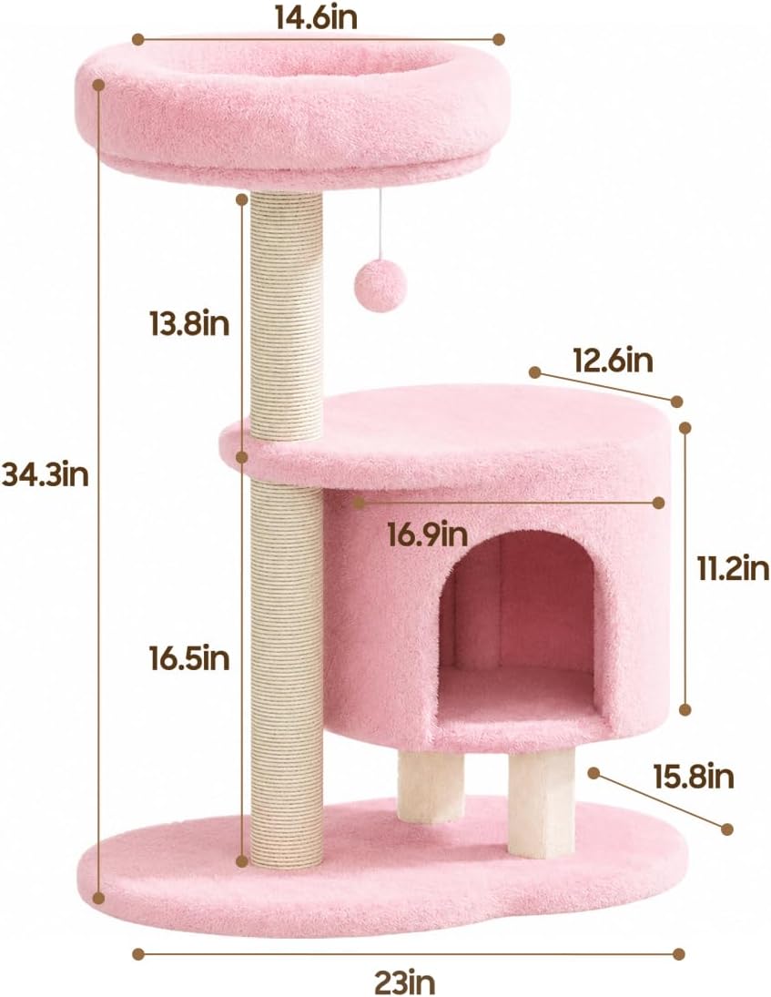 Small Cat Tree, 34.3 Inches Cat Tower with Scratching Post, Condo, Interactive Hanging Ball, Plush Perch for Indoor Large Cats, Pink