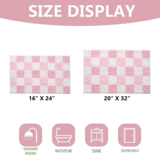 Checkered Bathroom Rugs Cute Bath Mats Non Slip Backing Shaggy Microfiber Bath Mat Water Absorbent Shower Rug Aesthetic Bathroom Rugs Funky Graphic Rug for Sink Bathtub (Pink,20" x 32")