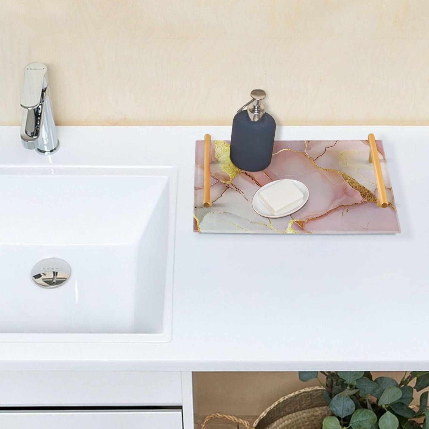 Marble Blush White Decorative Farmhouse Tray with Handles Trays for Eating On for Jewelry Perfume for Bed Serving bandeja de decoracion para cocina