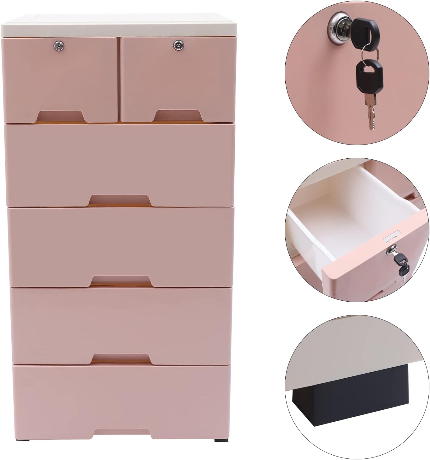 5-Layer 6-Drawer Rolling Storage Cabinet, Pink White PP Dresser with Lock, Modern Organizer, Mobile Clothes Bin with Wheels, Large Capacity, Anti-Slip, Easy Install for Bedroom