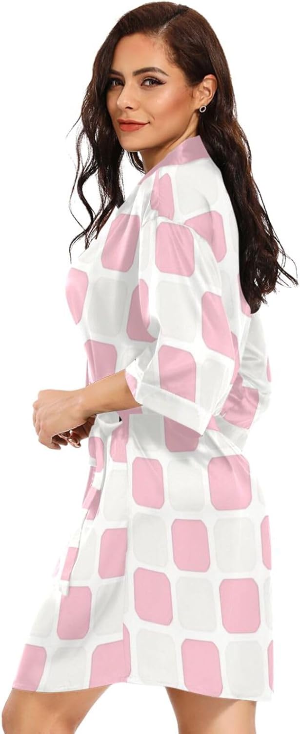Pink Check Woman's Bathrobe with Pockets Long Bathrobe for Hospital