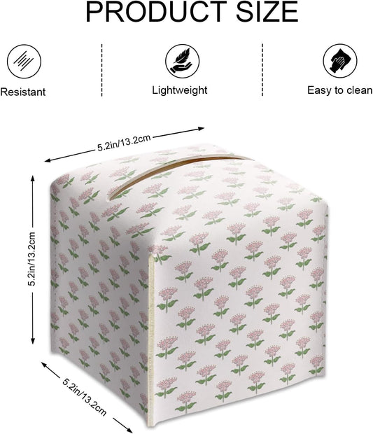 Pink Flowers Tissue Box Cover Square, Leather Tissue Box Holder with Bottom Belt, Facial Paper Organizer for Bathroom Vanity Countertop, Nightstands, Dining Table, Office, Car -26