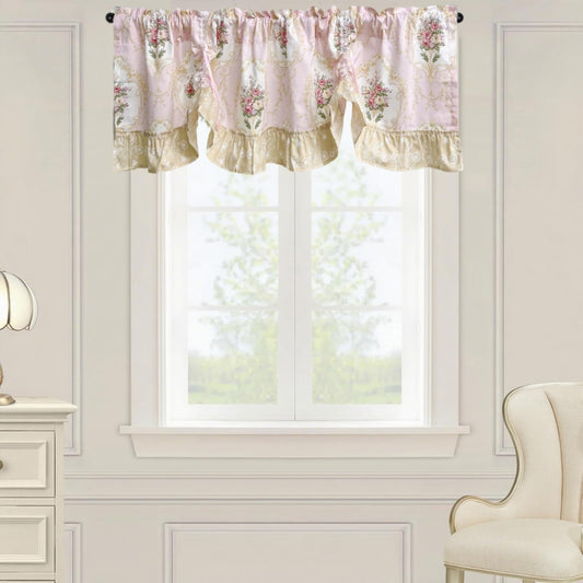 European Floral Tie Up Curtains for Kitchen Adjustable Balloon Shade Window Valance Elegant Cafe Bathroom Dining Room Window Drapes Rod Pocket 1 Panel (W59 X L16 INCH,Pink)