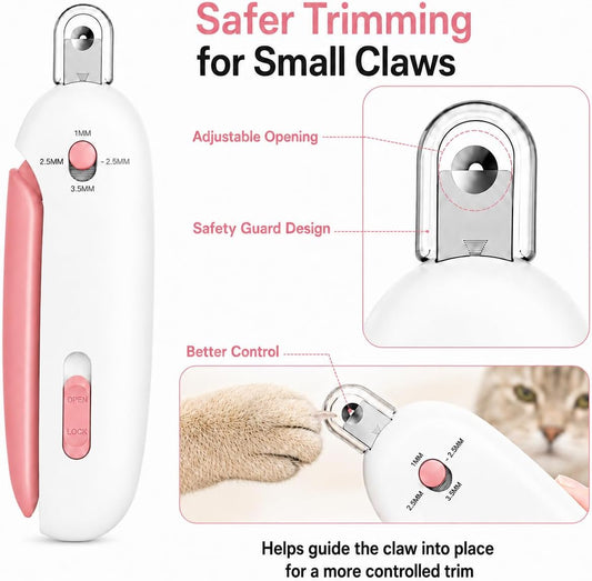 Wanheart Cat Nail Clipper, 4-Size Safety Guide, Catcher & File (Pink) | 4-size safety guide, nail catcher, curved steel blade, hidden file, lockable non-slip handle, pink