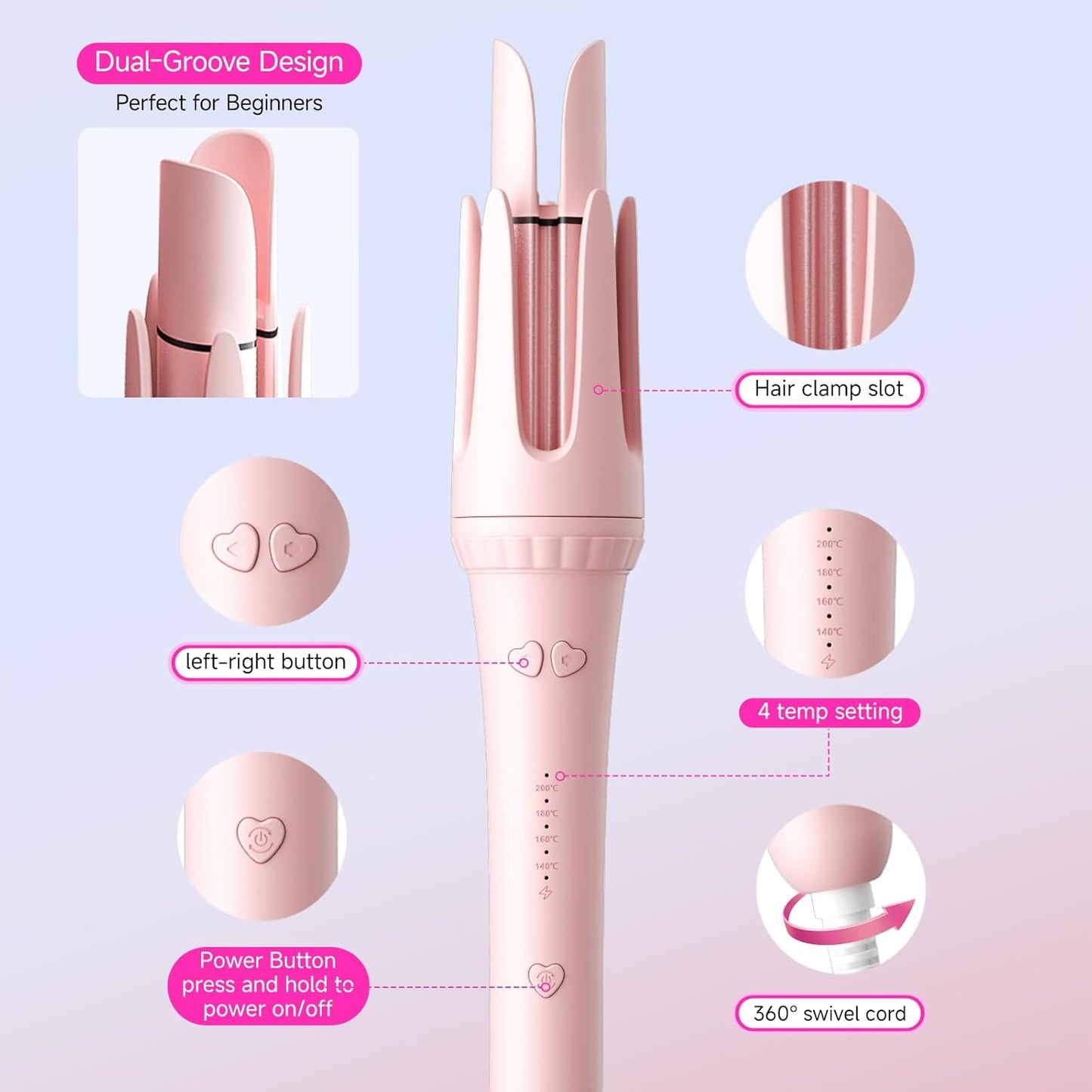 Auto Curling Iron 1.25 Inch, Rotating Hair Curler for Beach Waves, AutomaticHair Curler with Anti-Scald & Anti-Tangle, Ceramic Curling Wand for Long Hair, Dual Voltage, Pink