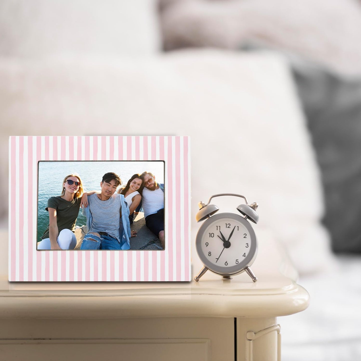 Pink and White Striped Picture Frame 5x7, Wedding Engagement Gifts for Newlyweds Couple Bride Groom Husband Wife, Minimalist Pink Photo Picture Frames for Desk Tabletop Wall Display Decorations