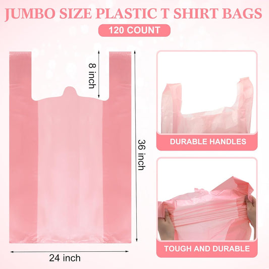 Qilery 120 Pcs Extra Large Pink T- Shirt Bags Bulk 36" x 8" x 24" Jumbo Size Plastic Shopping Grocery Retail Trash Bags with Handle for Business, Retails, Restaurant, Grocery, Take Out, Supermarket