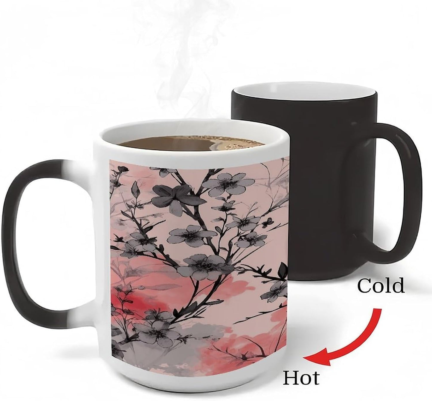 Flowers on Peach Background Color Changing Mugs Heat Sensitive Coffee Mug 11 Oz Novelty Ceramic Cup with Handle Magic Cups Temperature Changing Coffee Tumblers for Women Men Funny Gifts