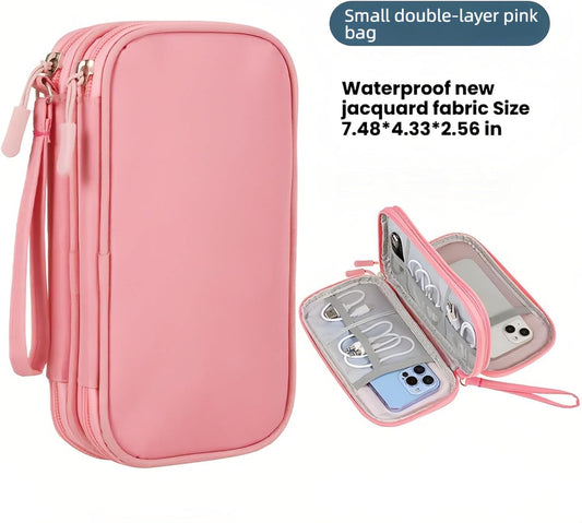 Portable Waterproof Double Layers All-in-One Storage Bag, Travel Cord Organizer,Electronics Accessories Organizer Pouch Bag for Accessories,Charger, USB Cable, Gadget (pink)