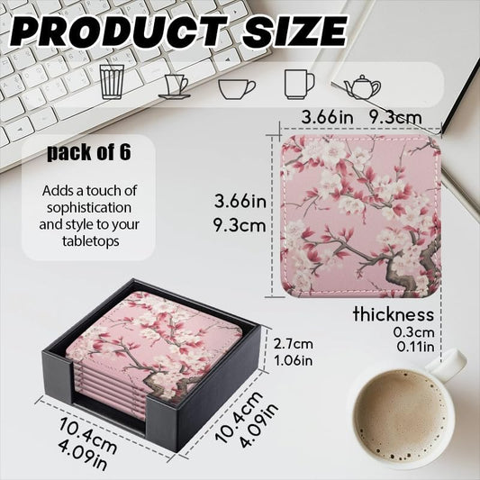 PU Leather Coasters for Drinks Bar Beer,Set of 6 with Holder,Square Housewarming Gift,Pink Flower in The Style of Chinese Art